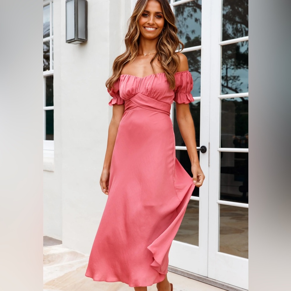 One and Only Collective Pink Off-Shoulder Dress Satin Midi Cocktail Party Dress